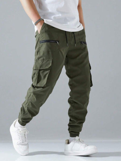 Sleek men's urban cargo pants, designed for comfort and practicality with multiple storage pockets.