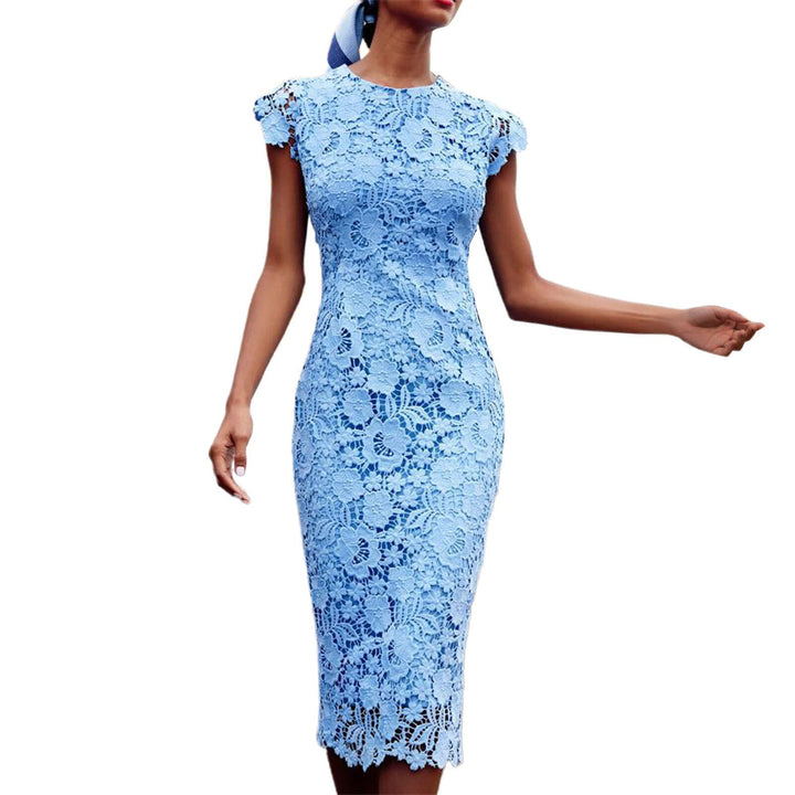 Sophisticated women's blue floral lace sheath dress, elegant cocktail party, evening, or formal event attire.