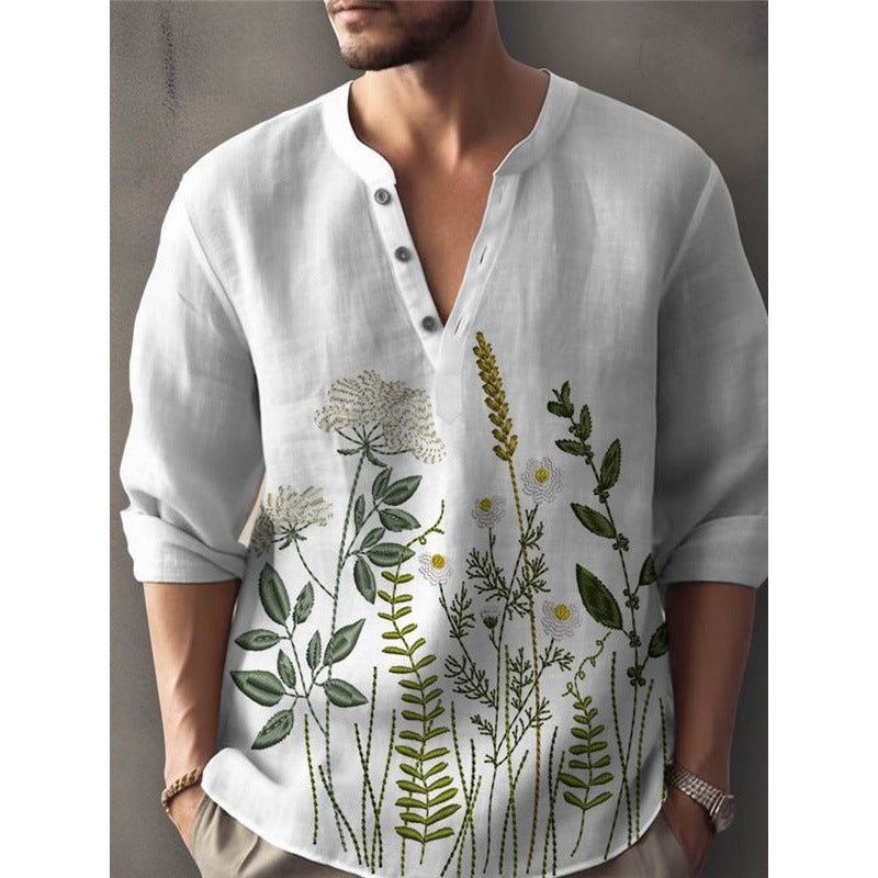 Relaxed fit men's button-down shirt, white, featuring unique floral embroidery. Ideal for summer style.