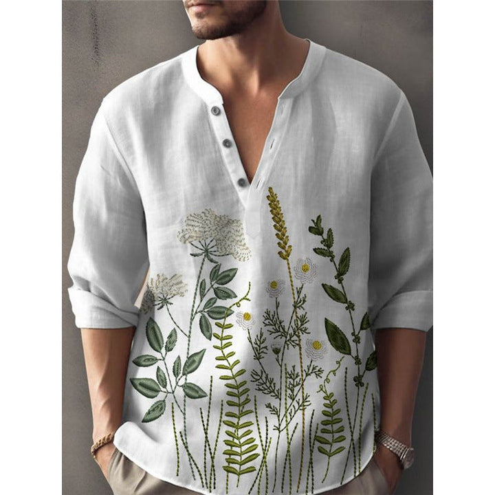 Relaxed fit men's button-down shirt, white, featuring unique floral embroidery. Ideal for summer style.