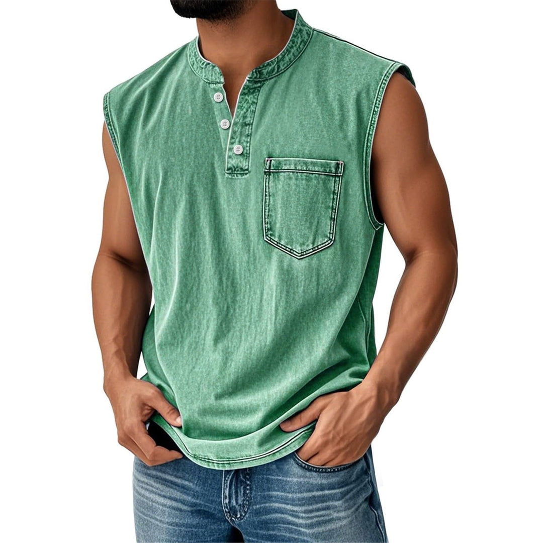 Modern men's sleeveless shirt, button placket, chest pocket. Casual fashion top for warm weather comfort.