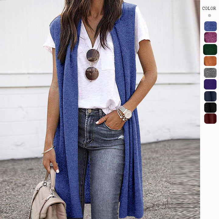 Elegant long casual vest for women, perfect sleeveless layering outerwear for modern fashion.