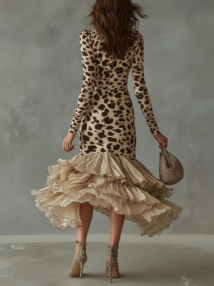 Chic women's leopard print midi dress featuring long sleeves, a stylish v-neck, and elegant ruffles.