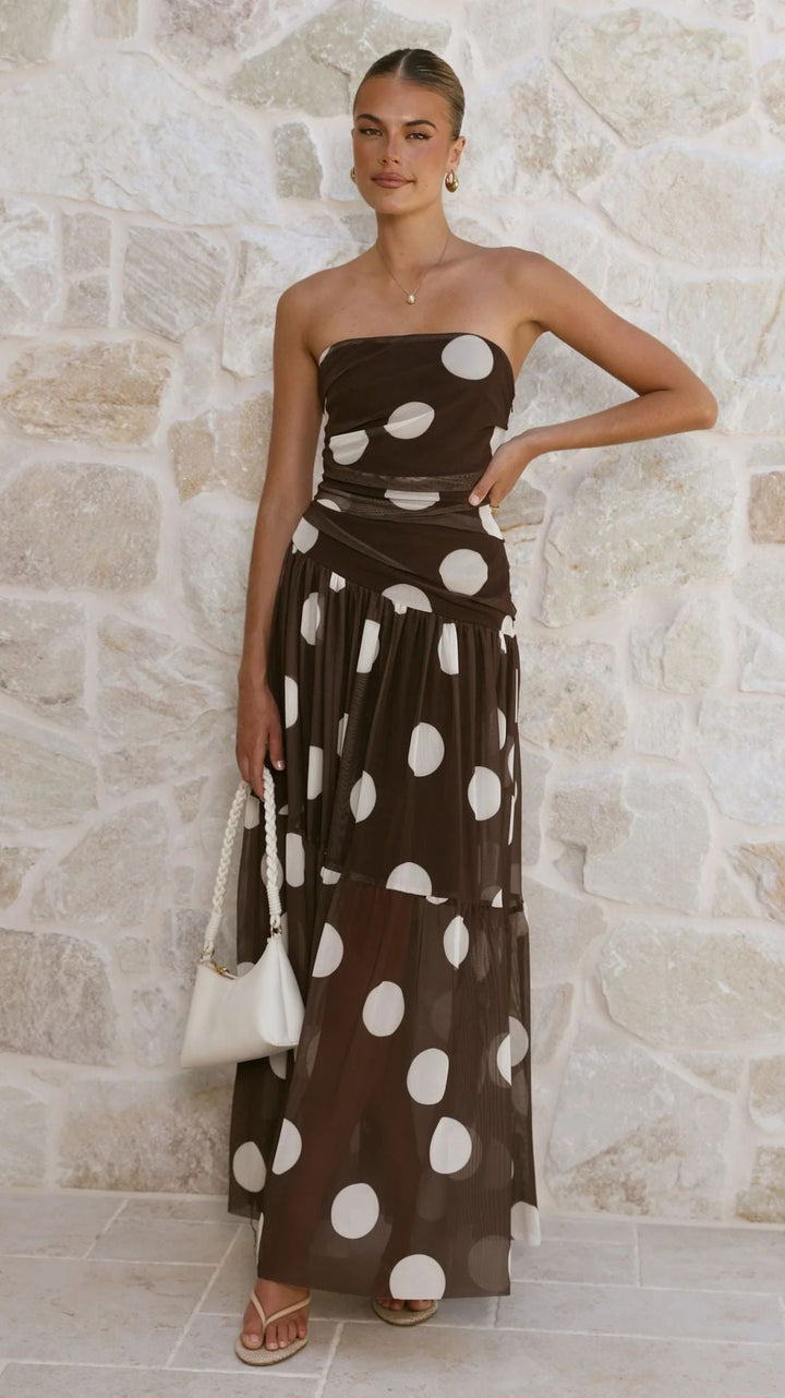 Classic polka dot women's off-shoulder maxi dress, a timeless and elegant summer dress for versatile fashion.