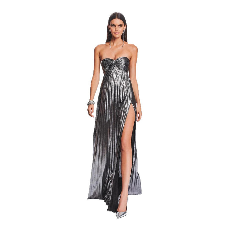 Elegant women's off-shoulder long evening dress with a stylish slit, perfect for formal occasions.