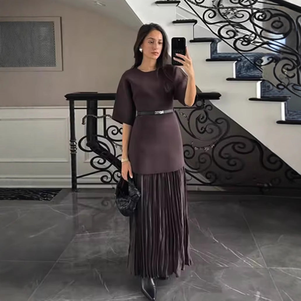 Elegant women's pleated maxi dress with round neck, short sleeves, perfect for evening parties & formal occasions.
