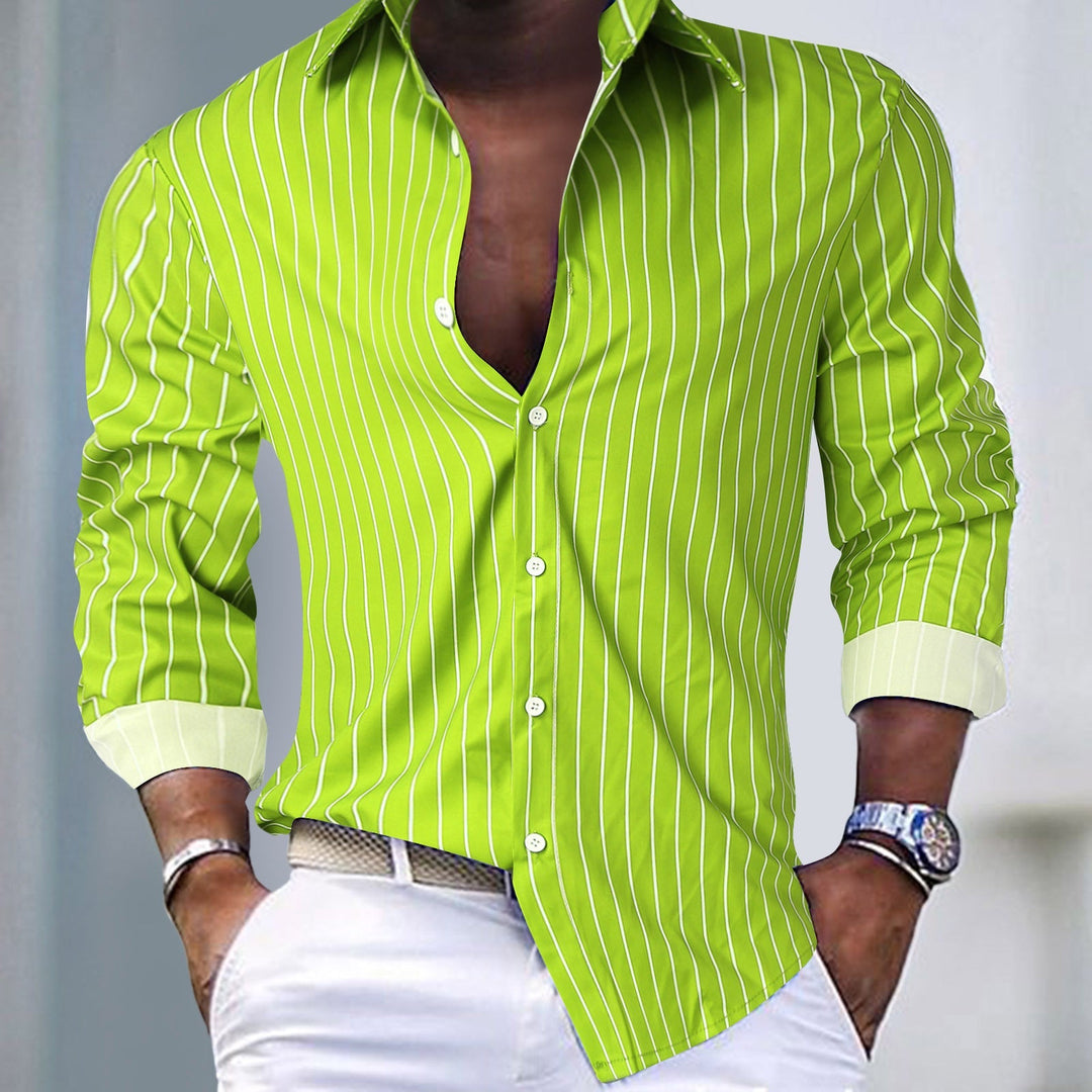 Stylish men's slim-fit striped button-down for modern mens fashion, suitable for everyday and business casual.
