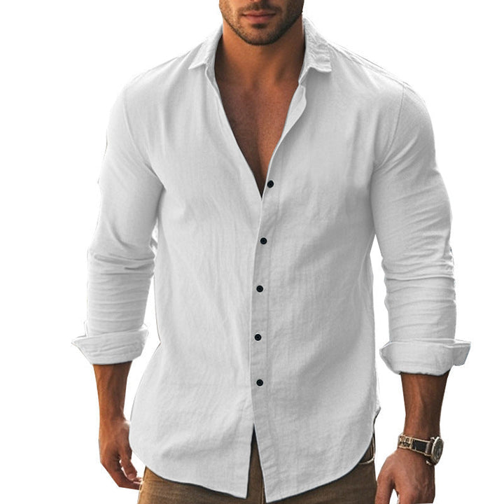 Stylish men's long sleeve collared shirt, modern fit, comfortable for everyday or business.