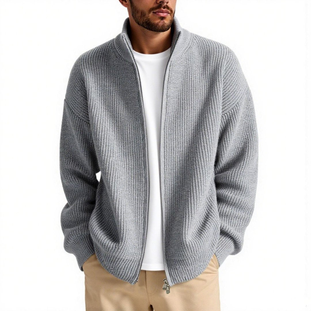 Essential men's high collar zipper cardigan for a comfortable fall outfit, combining warmth with modern style.