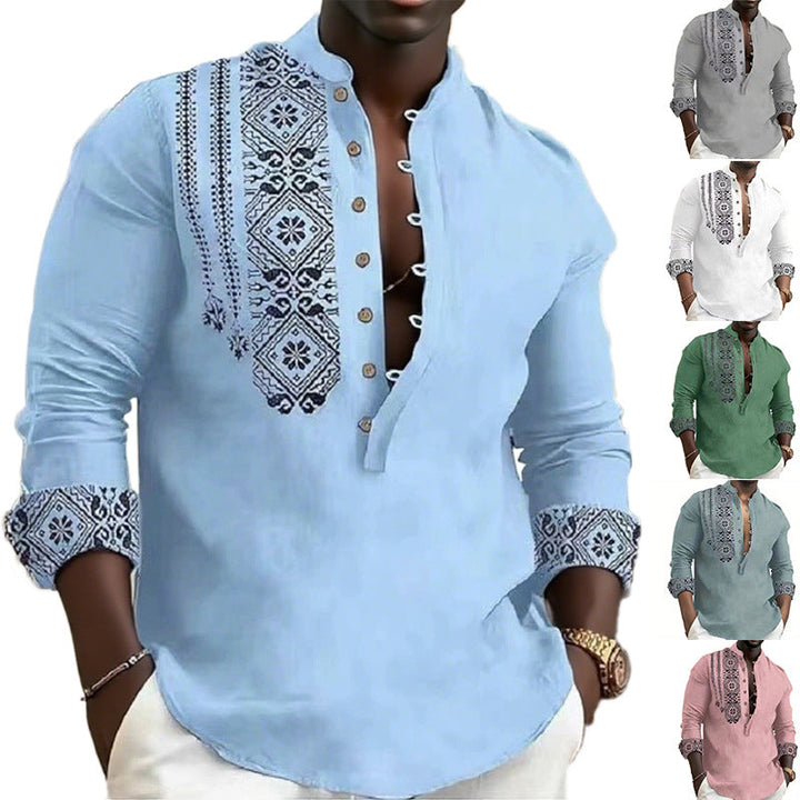 Men's long sleeve shirt with unique ethnic pattern, perfect for a stylish smart-casual look.