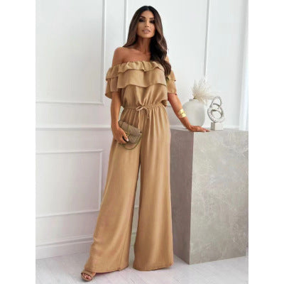 Modern women's off-shoulder wide-leg jumpsuit. Elegant and comfortable, suitable for day-to-night casual or evening wear.