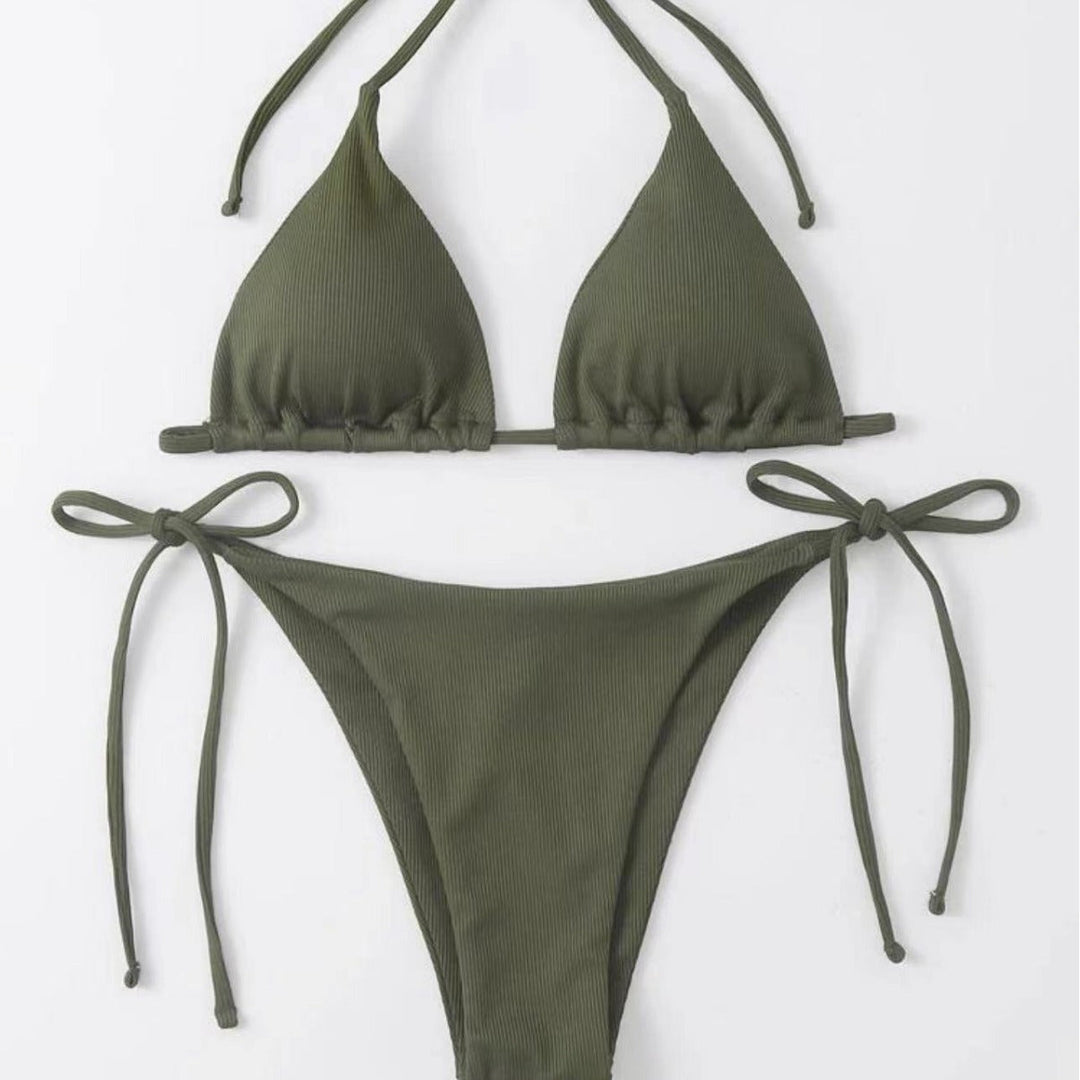 Full view of women's striped tie-front bikini set. Perfect for active summer beach & pool days.