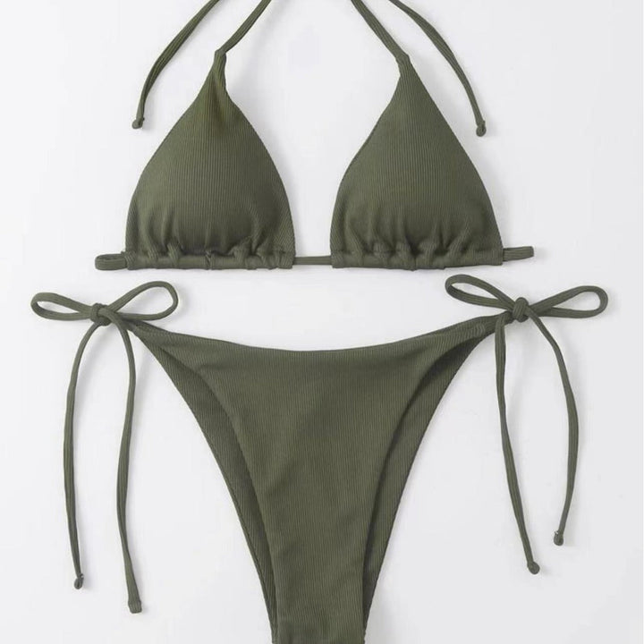 Full view of women's striped tie-front bikini set. Perfect for active summer beach & pool days.