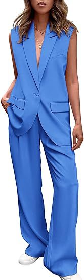 Women's two-piece professional wear: sleeveless blazer with lapels and comfortable wide leg trousers.