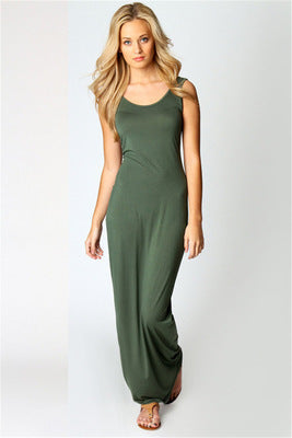 Feminine women's summer maxi dress with deep round neck. Comfortable yet elegant for casual wear.