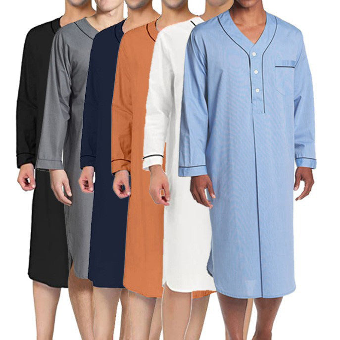 Men's long sleeve nightgown with button placket, chest pocket, soft cotton blend for comfortable sleep & loungewear.