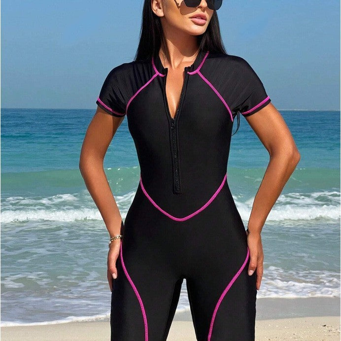 Quick-dry women's shorty wetsuit with back zipper, perfect for summer water sports & beach activities.
