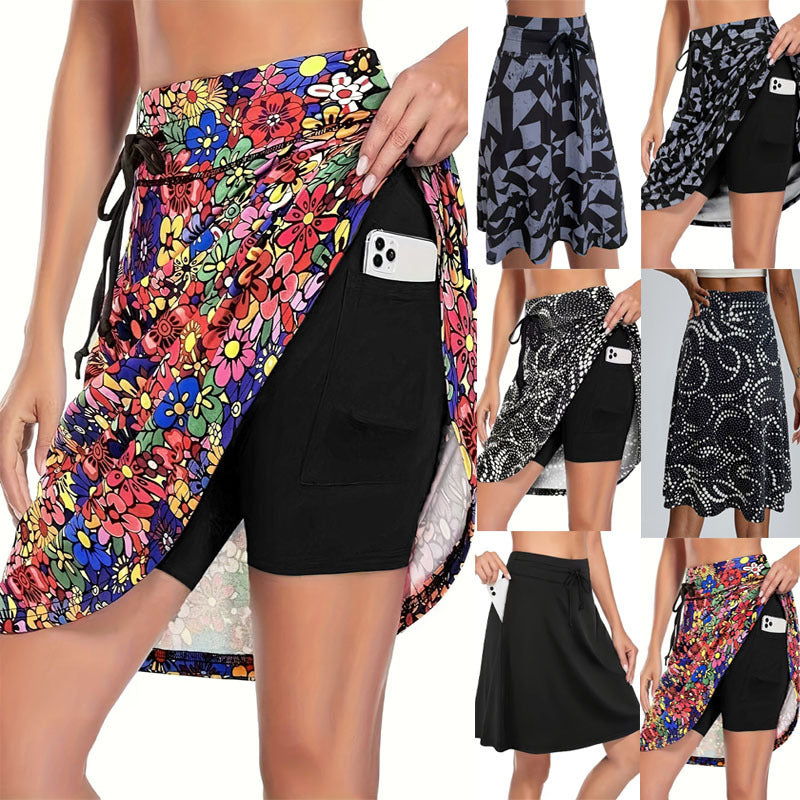 Women's athletic skirt with built-in compression shorts, ideal for tennis, running, and gym workouts. Quick-dry activewear.