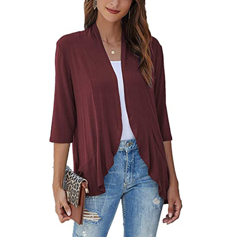Easy-wear summer women's lightweight open-front 3/4 sleeve jacket. Comfortable & stylish for warm days.