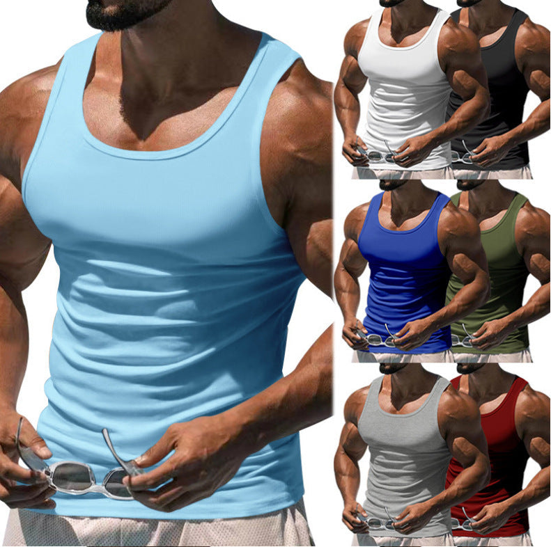 Men's breathable fitted sports tank top in black for gym wear & active training. Quick dry athletic fitness top.