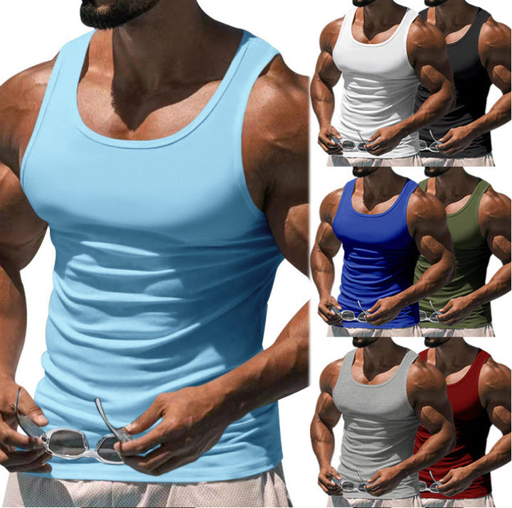 Men's breathable fitted sports tank top in black for gym wear & active training. Quick dry athletic fitness top.