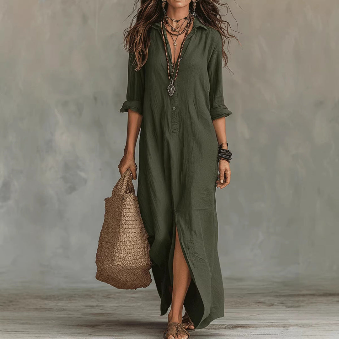 Versatile women's flowy button-down long shirt dress with side slit, a must-have for spring and summer fashion.