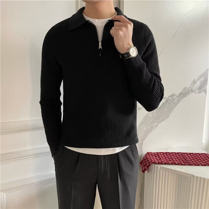 Men's long sleeve zip-up polo sweater. Smart casual, textured knit pullover for fall & winter layering.