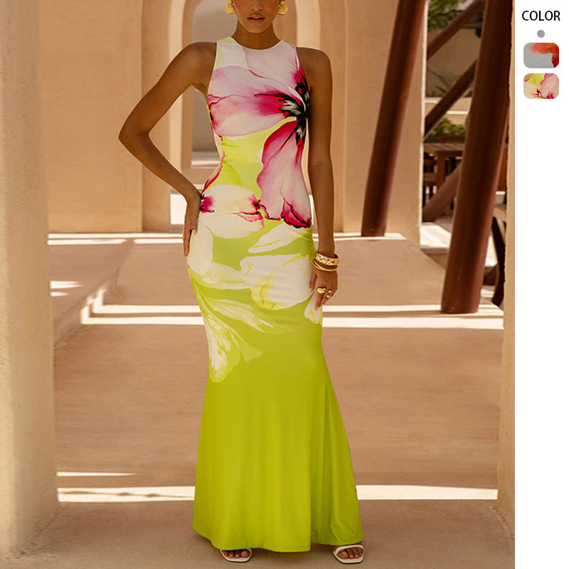 Elegant women's floral maxi dress with vibrant print, perfect for summer parties & casual occasions.