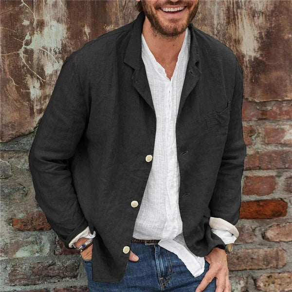 Effortless men's casual button-front jacket in breathable linen cotton, comfortable & versatile for daily wear.