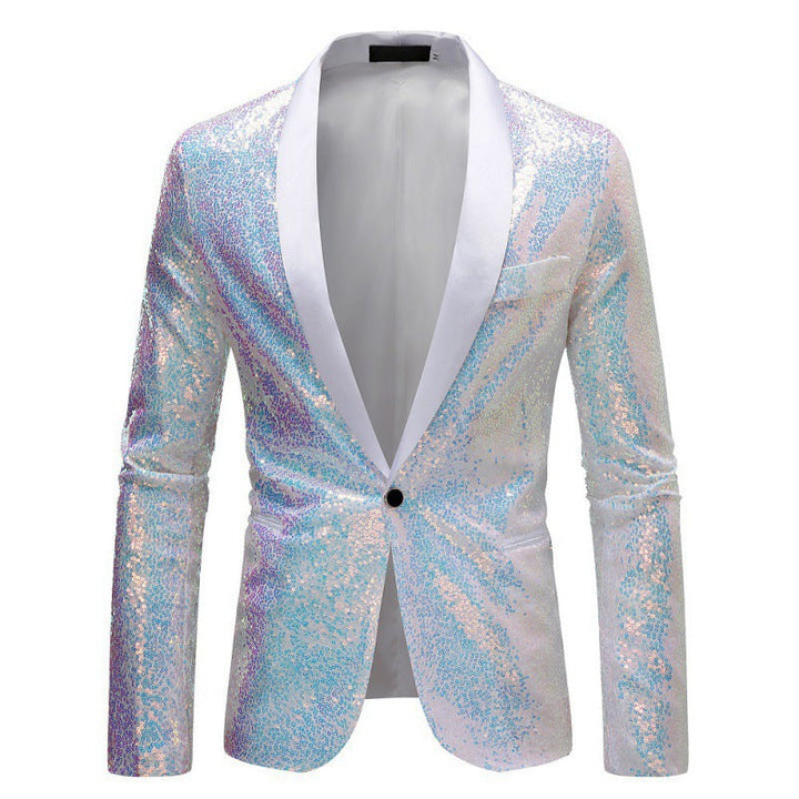 Front view of a men's dapper sequin blazer, bringing glamorous style to any event.