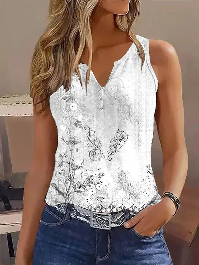 Summer fashion women's V-neck sleeveless top with elegant floral patterns, comfortable and chic.