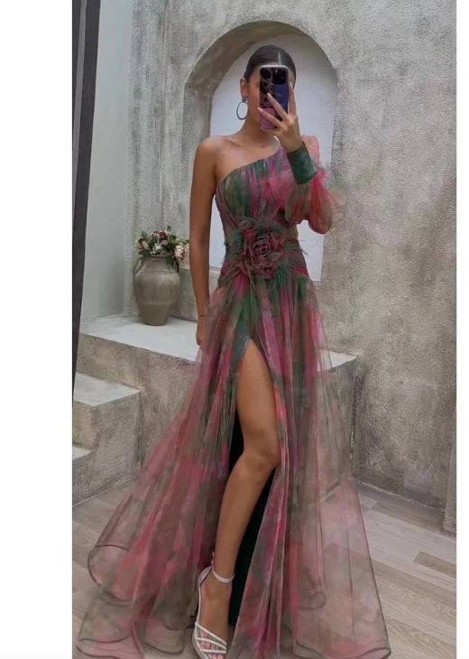 Women's long asymmetric floral evening dress, elegant one-shoulder design for formal events & special occasions.