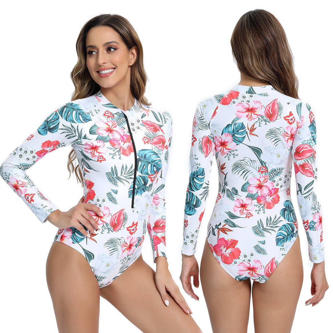 Women's long sleeve zip-up swimsuit for sun protection, perfect for active water sports.
