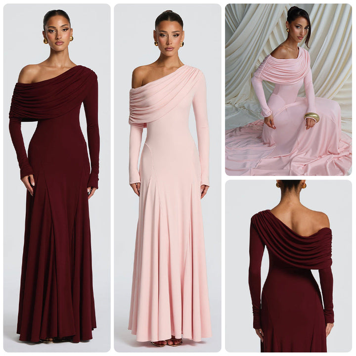 Elegant women's long sleeve maxi dress with sophisticated asymmetrical draping, perfect for special occasions.