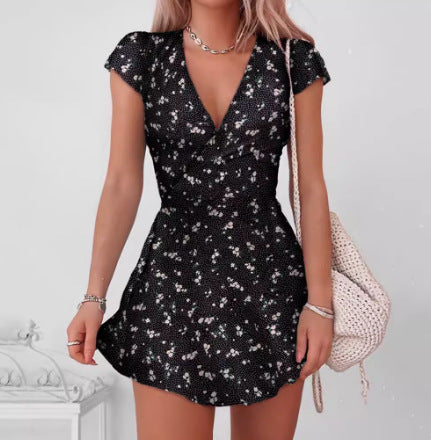 Comfortable & elegant women's floral mini wrap dress, a versatile V-neck short sleeve design for summer parties.