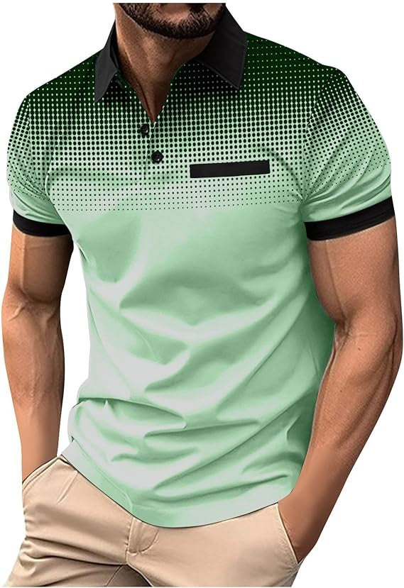 Dynamic men's gradient polo shirt, short sleeve, suitable for active or relaxed casual spring/summer wear.