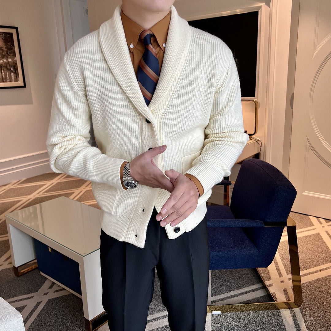 Men's elegant knit button-front cardigan with shawl collar. Perfect for casual wear & versatile layering.