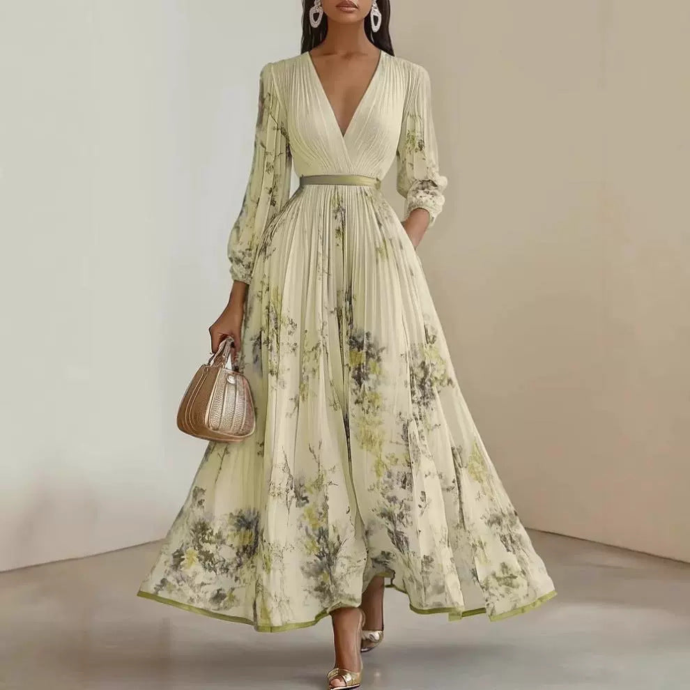 Romantic long sleeve floral maxi dress with V-neck and puffed sleeves, a stylish choice for spring & summer events.
