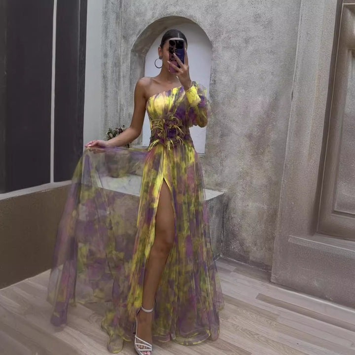 Elegant women's one-shoulder evening gown with asymmetric floral design, perfect for formal events & parties.