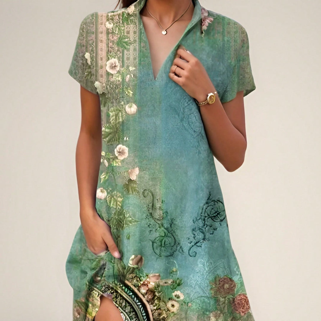 Elegant floral short-sleeve nightgown for women. Versatile as comfortable lounge wear or a casual summer dress.