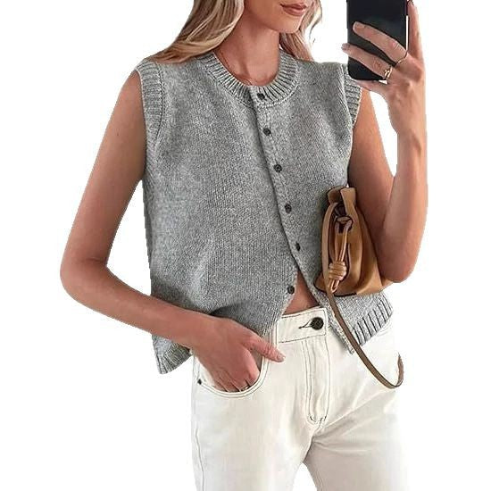 Chic women's casual knitted vest with a functional button placket and classic round neck. Great for versatile fashion.