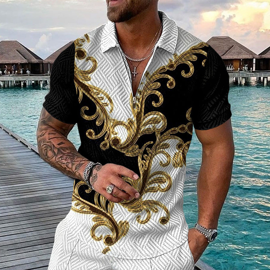 Men's elegant short sleeve shirt with decorative pattern & button placket. Ideal for summer casual & beachwear.