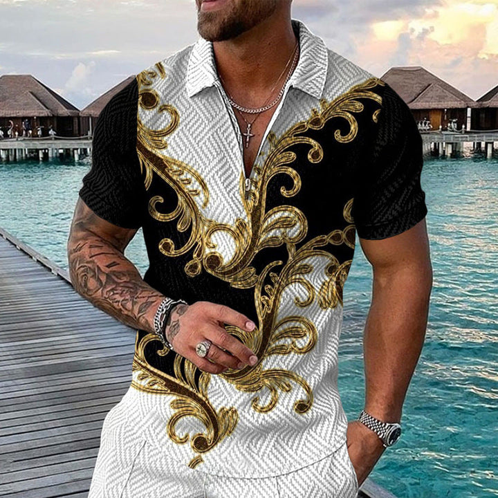 Men's elegant short sleeve shirt with decorative pattern & button placket. Ideal for summer casual & beachwear.