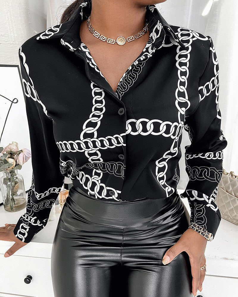 Fitted elegant women's printed blouse, long sleeve, with a trendy collar, sophisticated for office & events.