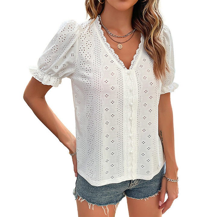 Chic white short sleeve V-neck blouse for women, featuring elegant embroidery, perfect for spring/summer style.