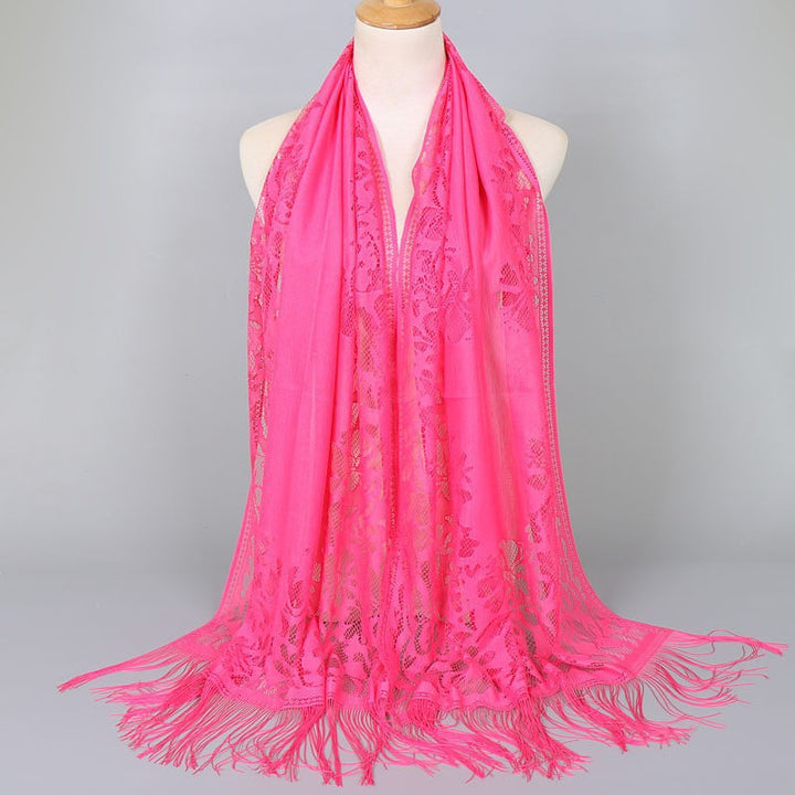 Fashion women's floral lace scarf with elegant fringes, lightweight and perfect as a shawl.