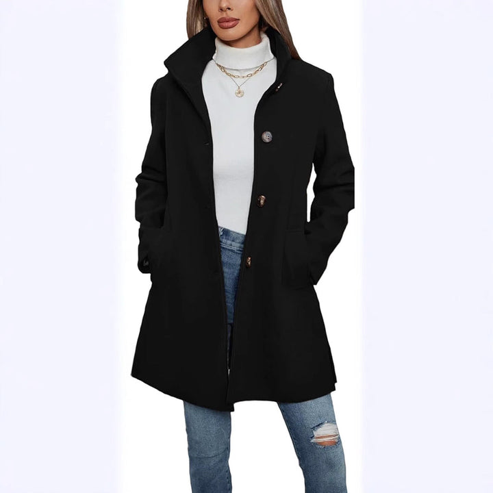 Sophisticated women's long coat with high collar, ideal for elegant winter fashion & office wear.