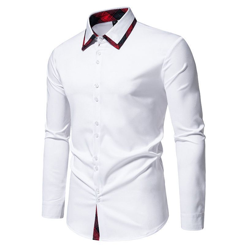Versatile men's long-sleeve button-up shirt, ideal for office wear or casual style. Features an elegant checkered collar.