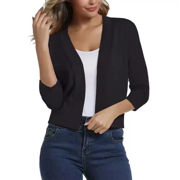 Stylish ladies fashion: comfort fit 3/4 sleeve open-front cardigan, easy care.