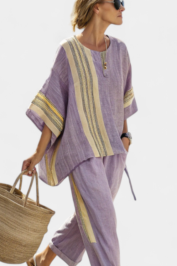Relaxed fit women's striped top & pants set, perfect for casual wear & boho chic summer style.